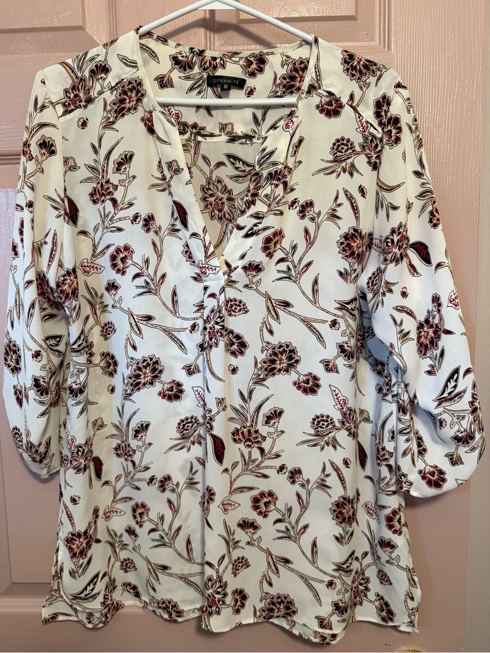 Dynamite Floral Blouse Size L Cream Burgundy Roll-Tab Sleeve Cutout Back